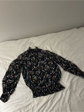 Zara Dark Floral Chiffon Long Sleeve Blouse - Smocked Mock Neck - Size S